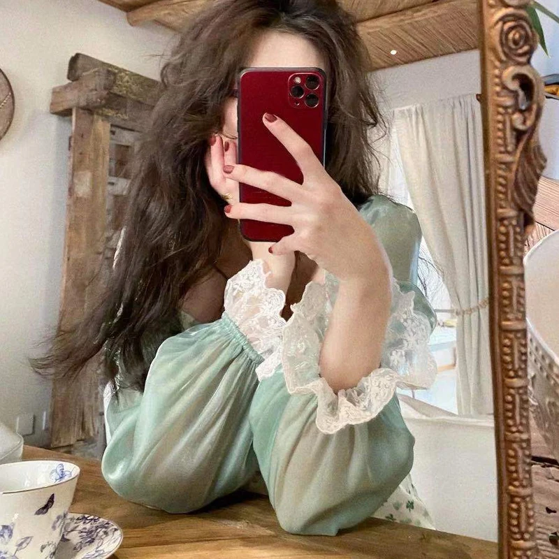 

2021 Summer Chiffon Lace Floral Dress Women Green Puff Sleeve Vintage Midi Dress Elegant Evening Party One Piece Dress Korean