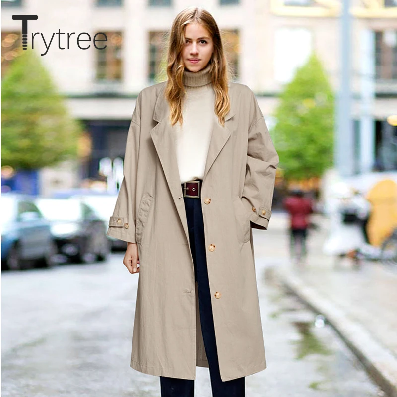 

Осенняя Женская Повседневная ветровка Trytree, однобортный свободный Тренч из полиэстера с отложным воротником, офисные женские длинные пальт...