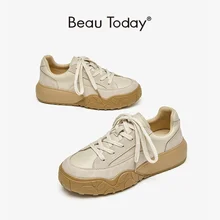 BeauToday-zapatillas de deporte de piel sintética para mujer, zapatos planos informales con cordones y punta redonda, hechos a mano, 29139