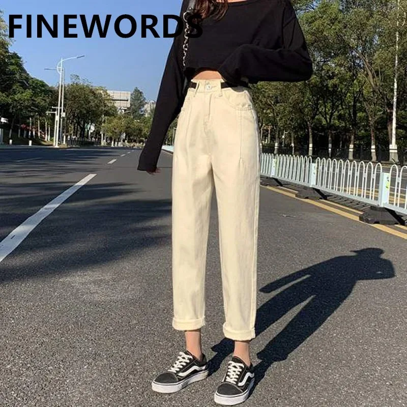 

FINEWORDS Vintage Beige Boyfriend Harem Jeans Women Adjust Waist Belt Causal Mom Jeans Korean Loose High Waist Jeans