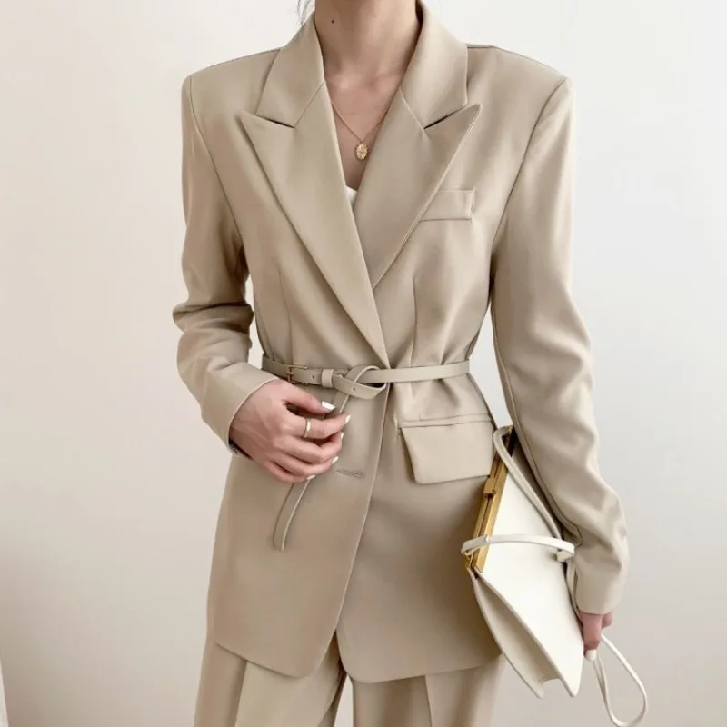 

2021 Autumn Blazer Coat For Women Single Breasked Long Sleeve Beige Black Jacket With Belt Simple Classic Street outwear female