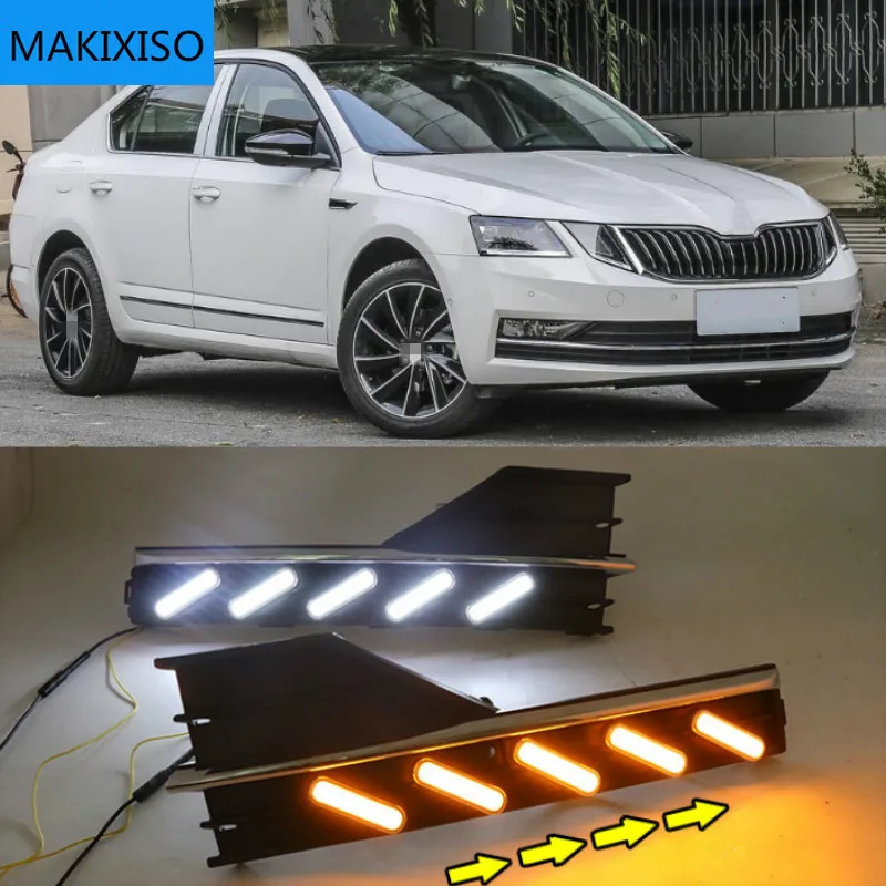 

2 шт. Водонепроницаемый стиль 12V светодиодный автомобиль для SKODA OCTAVIA A7 2018 DRL Дневной Бег светильник с отверстием для противотуманной лампы