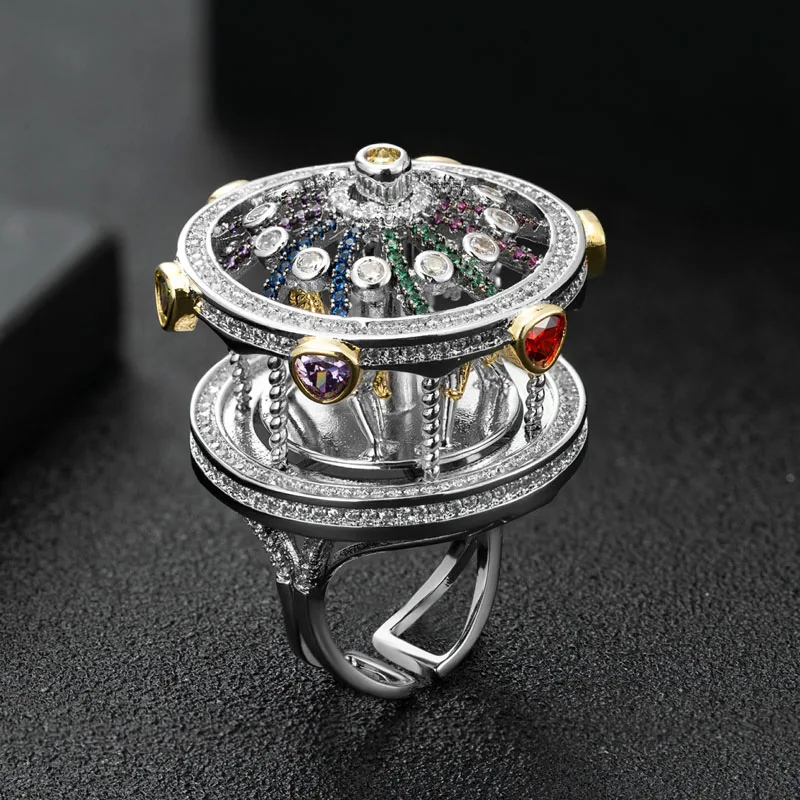 

Кольцо с фианитами, в европейском и американском стиле, круглая клетка, вращающееся кольцо с лошадью, с цветным цирконием, ювелирные изделия...