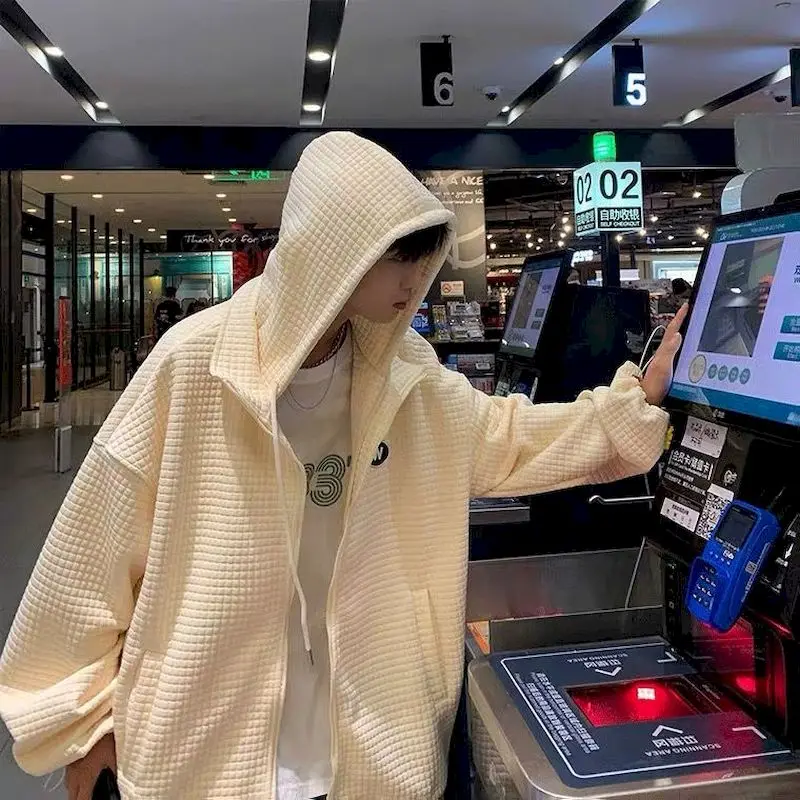 

Fonekie Waffle Hooded Jackets Mens Autumn Korean Trendy Handsome Loose Wild Cardigan Hoodies Casual Streetwear Men Clothing Tops