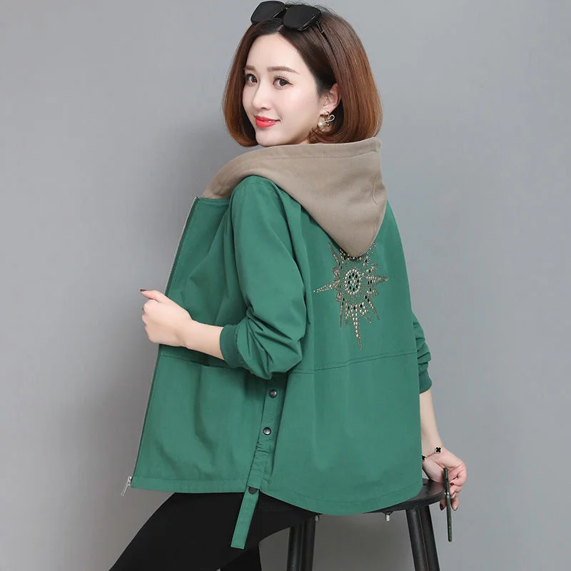 

2021 Autumn Women's Coat Hooded Jacket Long Sleeve Zipper Pockets Casual Windbreaker Basic Jackets Outerwear Plus Size 4XL E25
