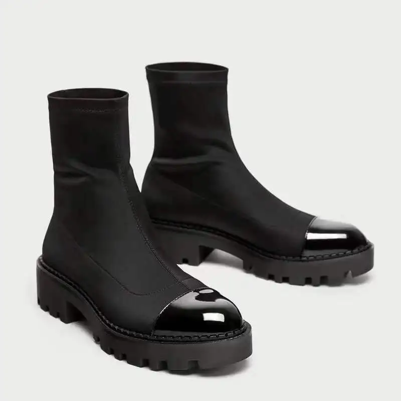 Женские ботинки из эластичной ткани на плоской подошве высоком каблуке и