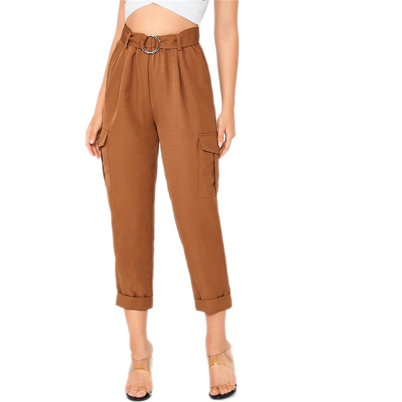 SHEIN/коричневые штаны с О-образным кольцом и поясом, с клапаном, с боковым откатом на подоле, для женщин, Осенние однотонные повседневные женские укороченные брюки с эластичной резинкой на талии