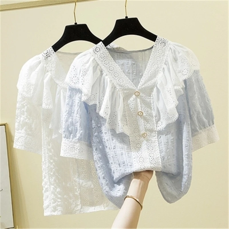 

Большие размеры 4XL, кружевные женские рубашки с вырезами, милый стиль, 2021, v-образный вырез, оборки, тонкий пэчворк, элегантная Офисная Женска...