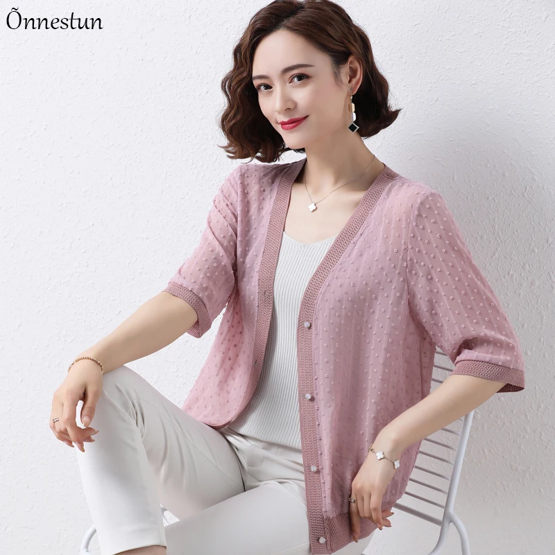 

Cardigan Sweater Women Spring Summer Short Sleeve Sweater For Women Outerwear Thin Perspective V Neck Cardigans