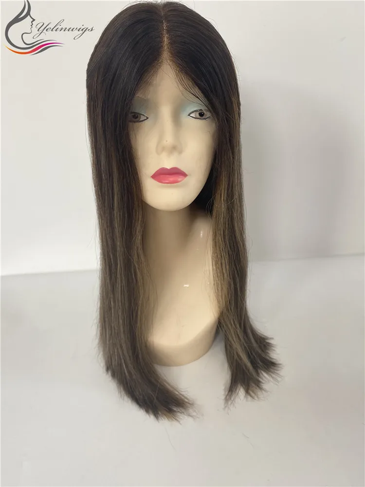 

Natural 4# With Highlight Color Silky Straight Hair Lace Top Wigs With Free Shipping