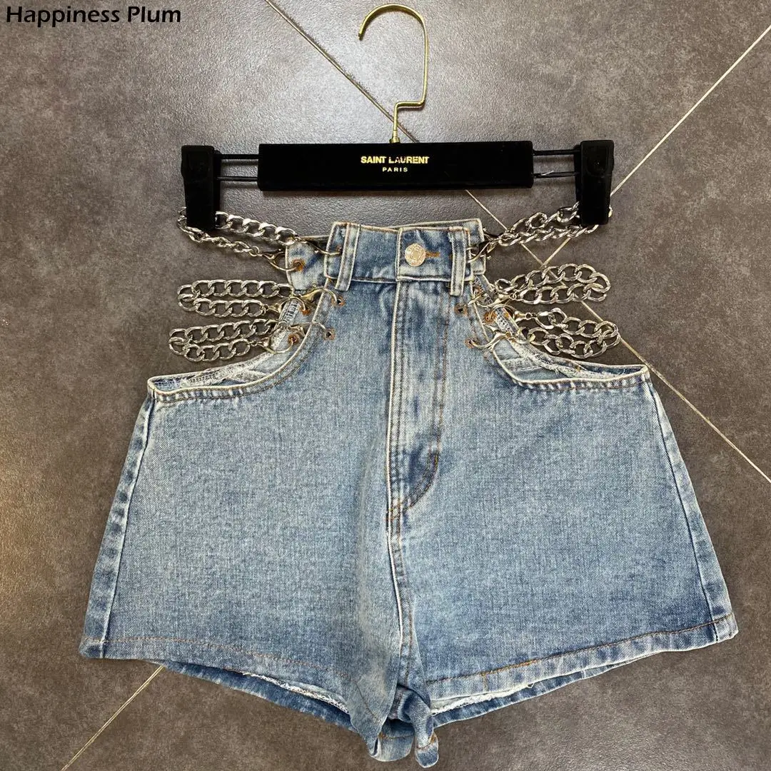 

2020 Summer Side Chain Decoration Sexy High Waist Denim Shorts Fashion Womens Jeans Shorts Ladies Clothes Short Mujer