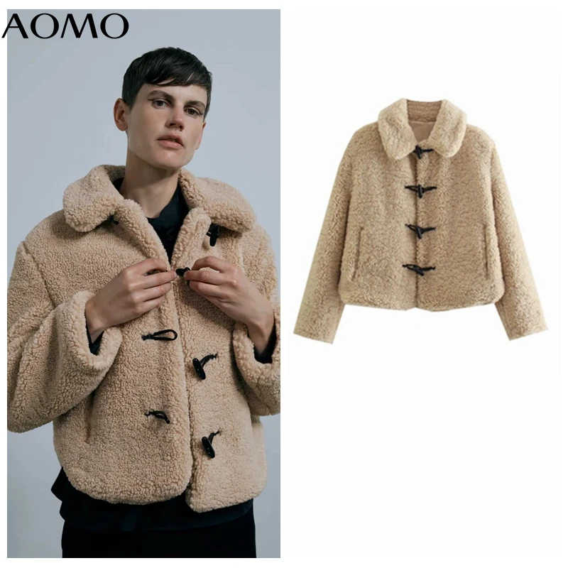 

AOMO Women's Winter Teddy Jacket Buttons Loose Long Sleeves Pocket 2021 Ladies Thick Warm Coat 6P106A