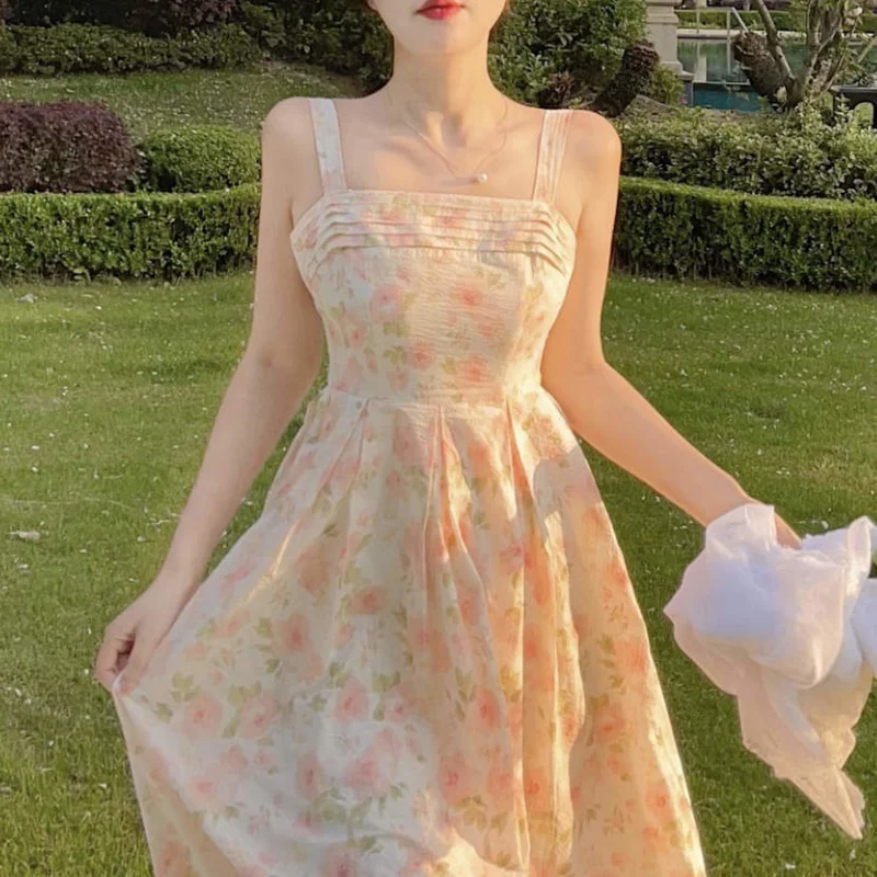 

2021 Strap Elegant Floral Dresses For Women Sexy Evening Party Vintage Dresses Ladies Old French Style Print Summer Beach Dress