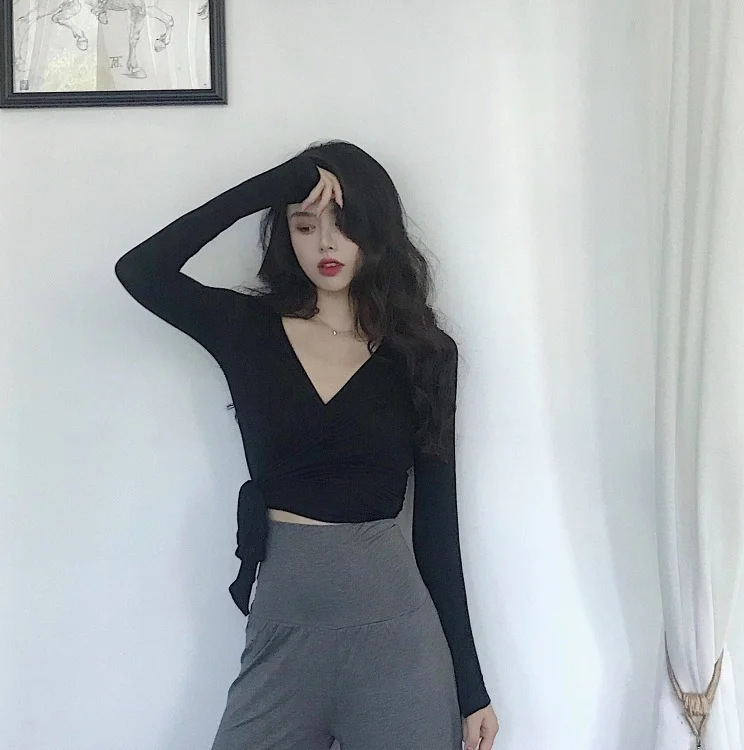 

Color Slim Long-Sleeve T-shirt Women's Collar ShortNuyoah