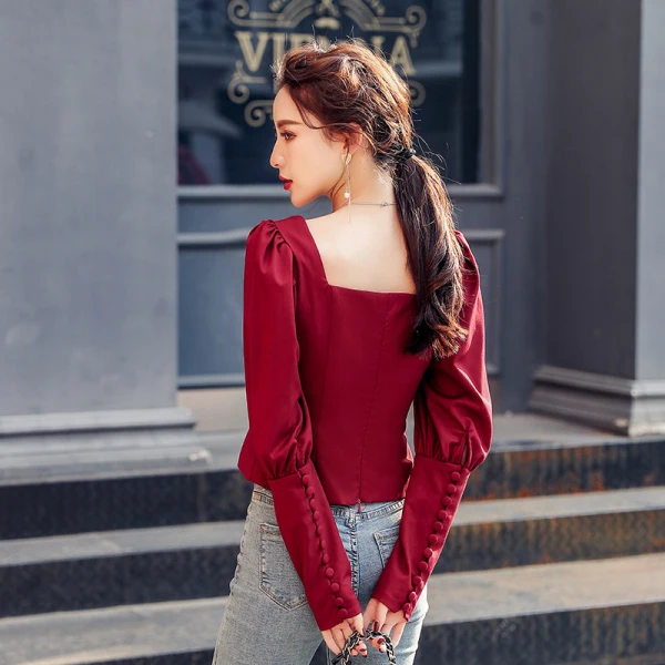 2020 Women's Spring Square Collar Shirt Female Little Sexy Long Sleeve Puff Top Solid Red wine |