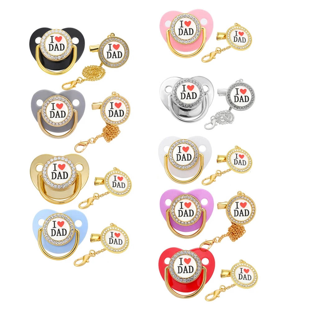 

Baby Golden I Love Dad Series Baby Pacifier with Chain Clip Luxury Sucette BPA Free White Chupete for 0-12 Months