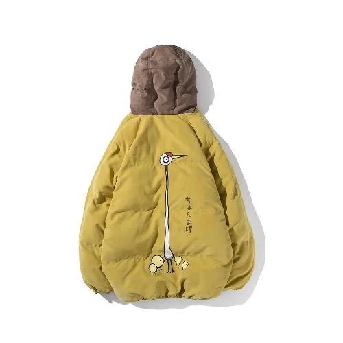 Winter Cotton Padded Jacket Women Unisex Thickened Korean Loose Coat Couple Kawaii Cartoon Print Color Contrast Hooded Coat