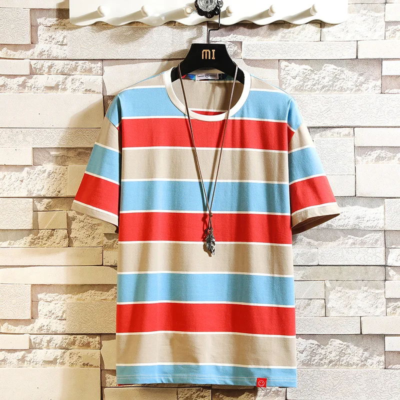 Men's Cotton Striped T-shirts Funny Mens Summer Tshirts Male Oversized Tee Shirts Fashion 5XL Casual T Shirt For Man Streetwear | Мужская