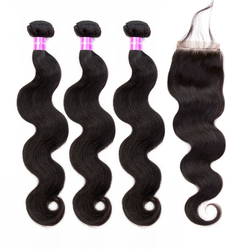 Бразильские волнистые волосы 3 пряди с кружевной застежкой речное дерево 100% Remy