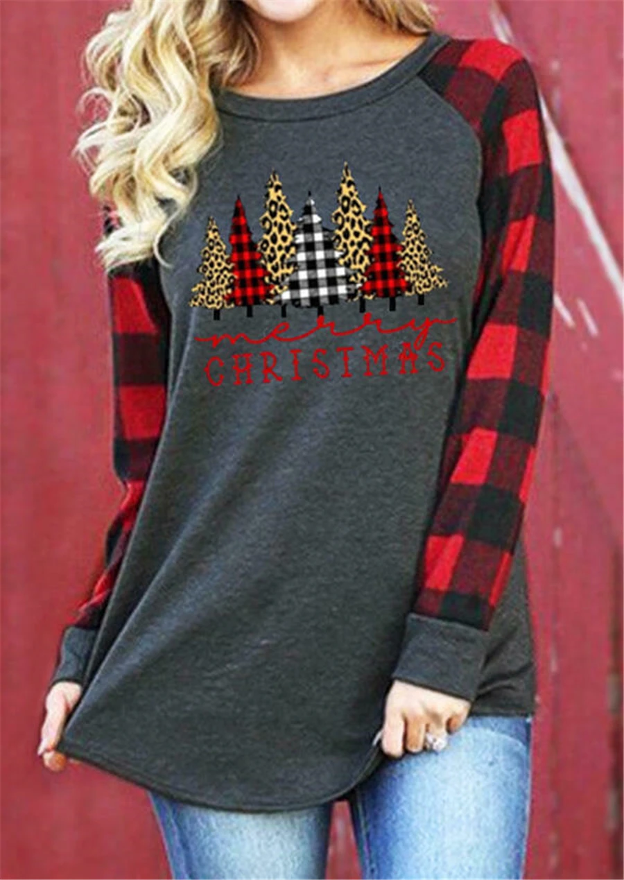 

Women Plaid Leopard Printed T-Shirt Female Long Sleeve Tee Shirts O-neck Christmas Tee Merry Christmas Trees Print Tops Tee