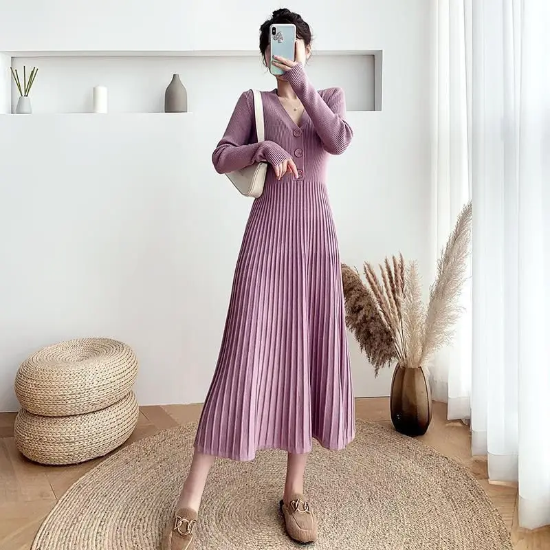 

Осенне-зимнее длинное трикотажное платье, женское теплое облегающее платье-свитер с v-образным вырезом, модное уличное мешковатое платье ми...