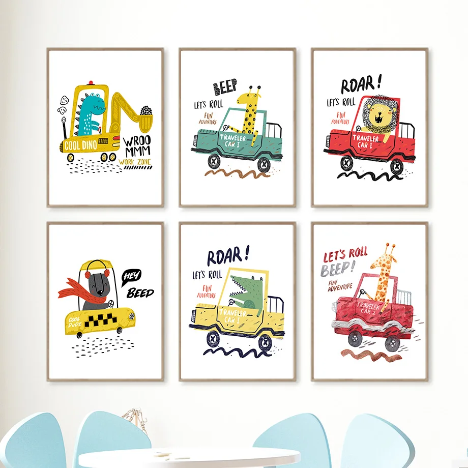 

Car Lion Giraffe Bear Crocodile Dinosaur Wall Art Canvas Painting Nordic Posters And Prints Animal Wall Pictures Kids Room Decor