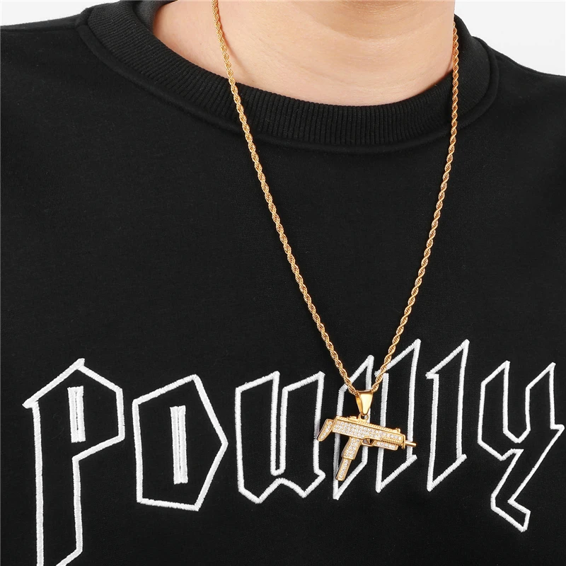 Iced Out Полный Стразы пистолет УЗИ форма кулон ожерелье s Bling Золото Цвет Нержавеющая сталь ожерелье для мужчин хип хоп ювелирные изделия