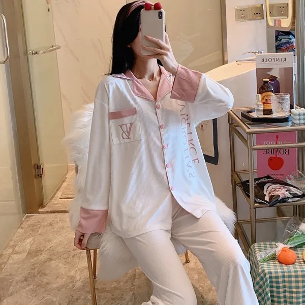 

2021 New Autumn Winter Pyjamas Cotton Pajamas Set Nightwear Long Sleeve Sleepwear Letter Home Clothes Turn-down Collar NightSuit