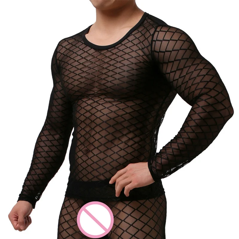 Мужские майки с длинными рукавами прозрачные сетчатые для геев нижнее белье