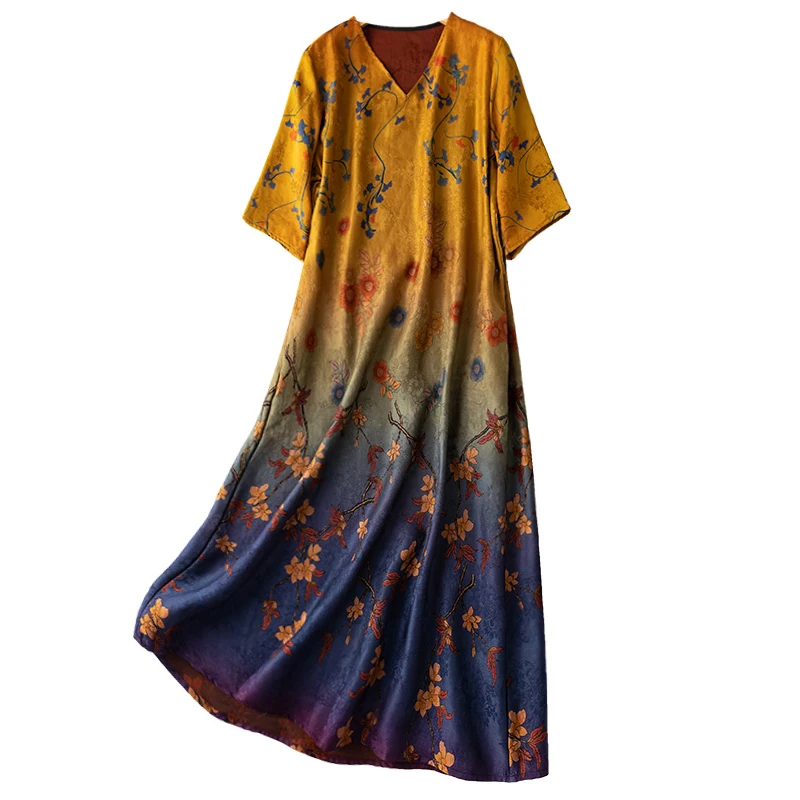 

SHUCHAN Chinese Style Silk Spandex Party Dress V-Neck Mid-Calf A-LINE Birthday Dress for Women Print Short Sleeve