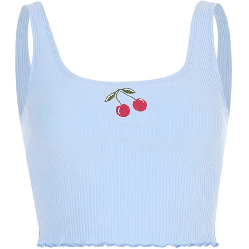 Women Sexy Vest Small Fresh Embroidered Pit Summer Square Collar Tank Tops Sleeveless Cherry Printed Casual Vest Tanks