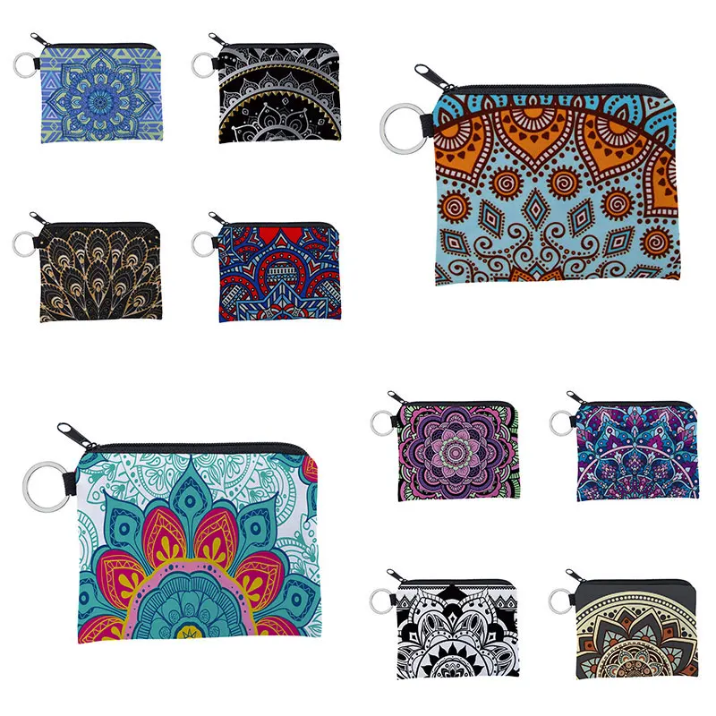 Boho Change Small Coin Purse Flower Print Pouch Waterproof Mini Wallet Coin Bag With Zipper Exquisite Present For Women Girls