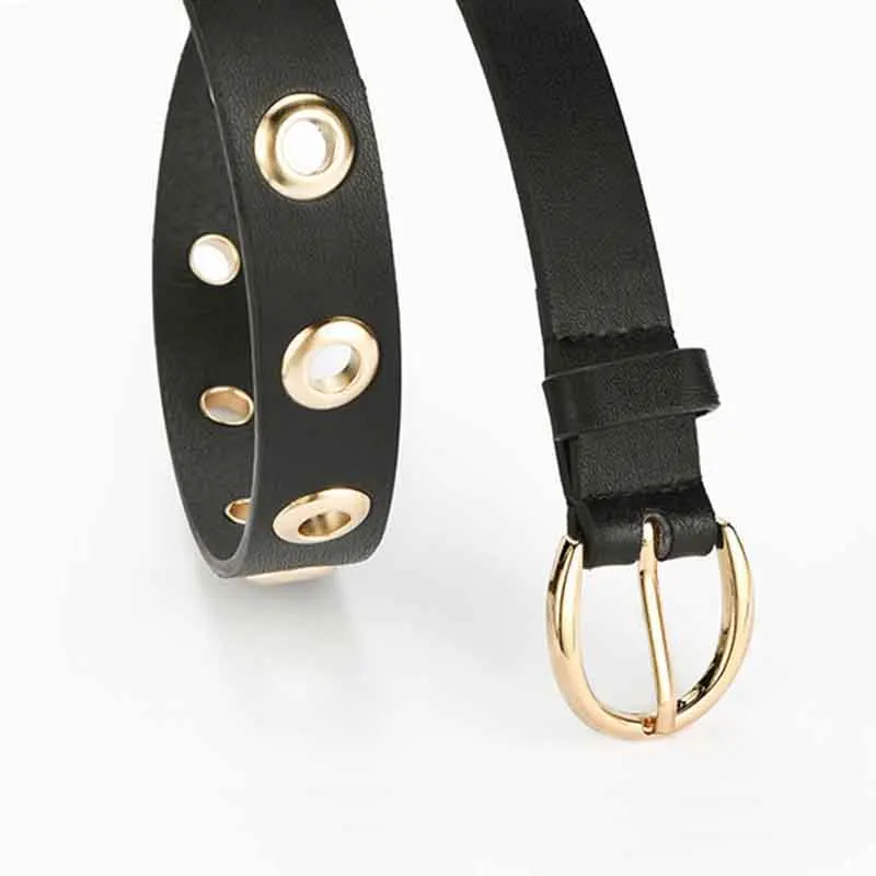 

Fashion Belt Women Personality Eyelet Grommet Metal Buckle Waistband Female PU Leather Thin Belts For Jeans Decorative Strap