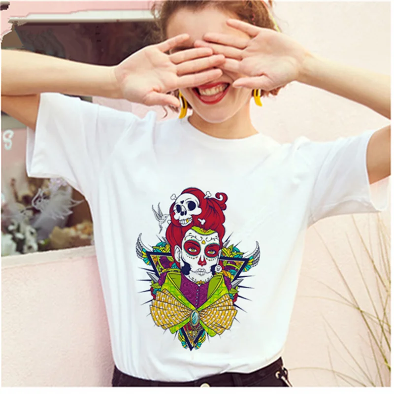 

Mother Female Hip-hop Retro Clothing Funny Print T-shirt AOWOF Fashion Female Sugar Skull Cute Bowknot Mother Top Skull T-shirt