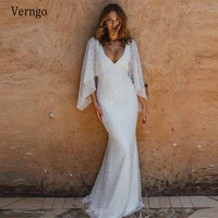 verngo 2021 glitter sequin mermaid wedding dress removable puff long sleeves v neck beads sash floor length bridal formal gowns