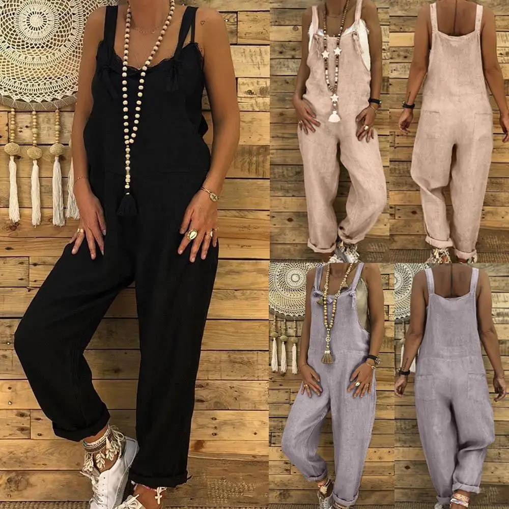 

Women Summer Strappy Jumpsuits Casual Loose Dungarees Harem Overalls Rompers Solid One Piece Jumpsuits Cotton Linen Long Pants