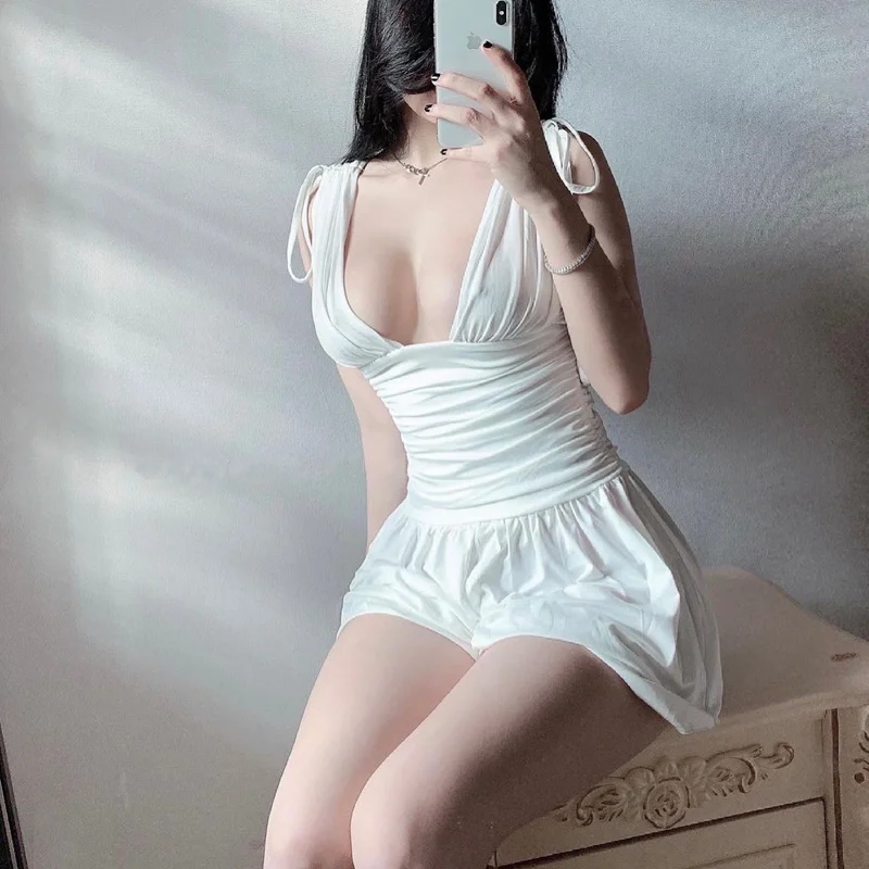 

WOMENGAGA 2021 New Beach Mini Tank Dress Korean Women's Summer Hot Sexy Backless Vest Tank Thin Summer Tops Dresses V Neck 8XEI