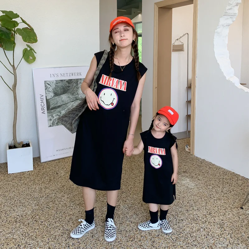 

parent-child outfit summer Mother and daughter casual smiley facevest split T-shirt Dress Kids