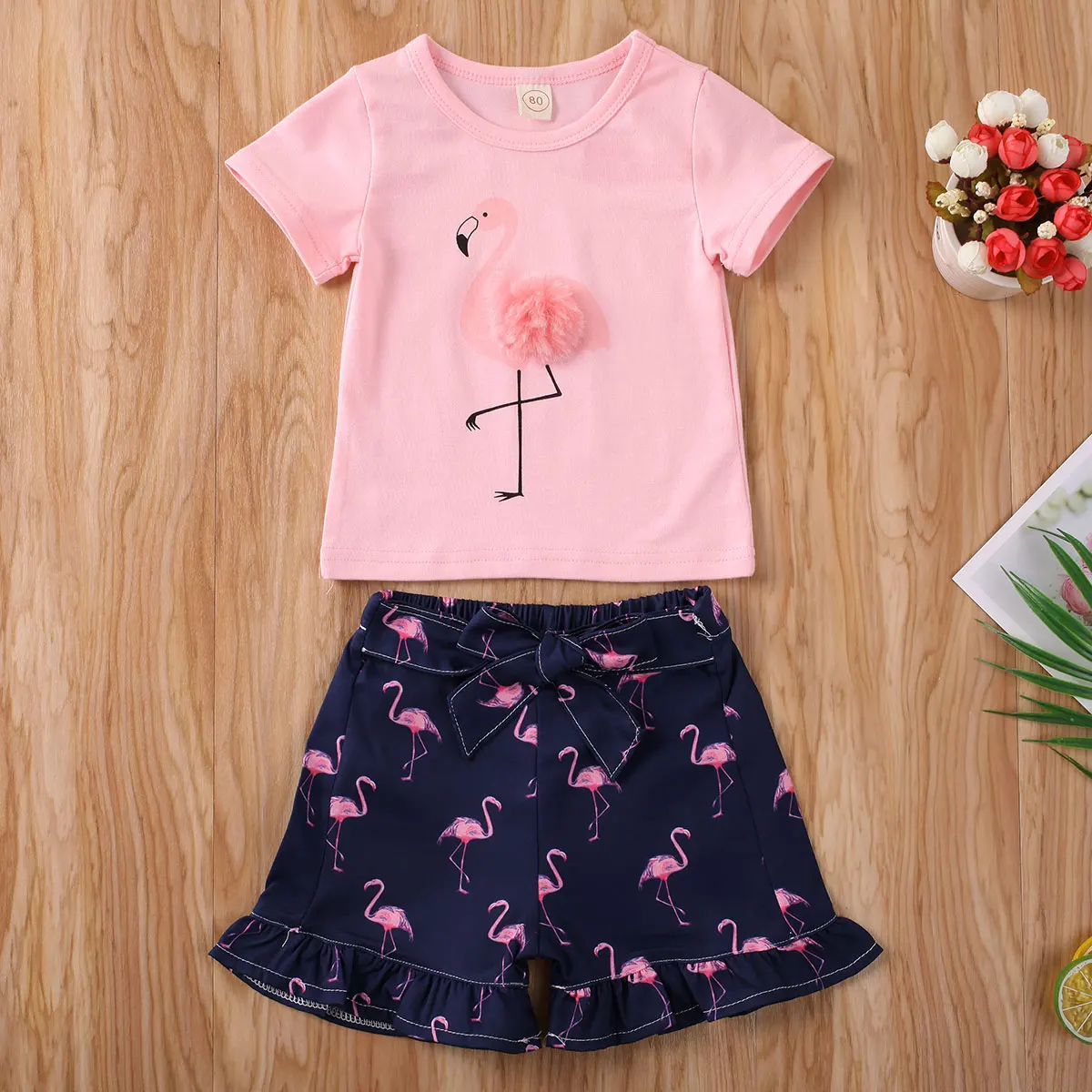 Одежда для младенцев малышей маленьких девочек топы с фламинго короткие штаны