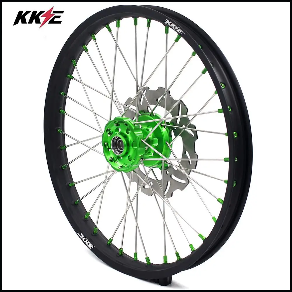Полный комплект колес KKE 21 &amp 19 MX для Kawasaki KX250F KX450F 2006-2014 Зеленая соска 250 мм диск |