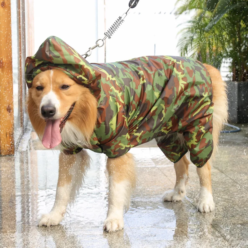 

New Big Dog Camo Raincoat Four-legged Hooded Waterproof Rain Coat Golden Retriever Large Dog Clothes Raining Coat Army Green