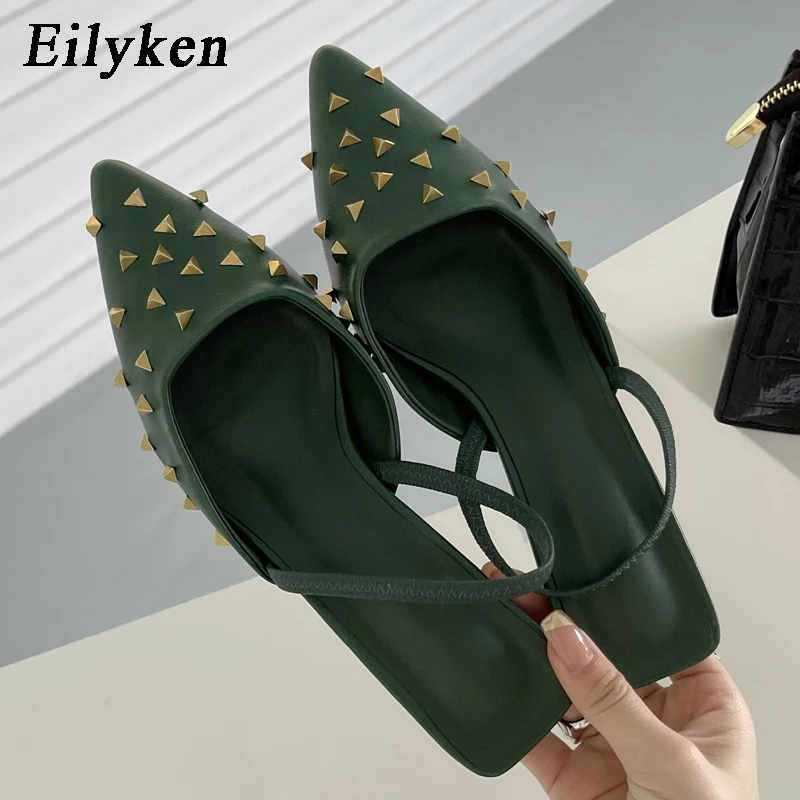 

Eilyken/летние женские туфли-лодочки; Однотонная женская офисная обувь с заклепками и острым носком на низком каблуке без застежки; Большие раз...