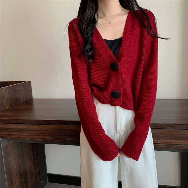 Женский кардиган с V-образным вырезом Черный Повседневный Свободный укороченный