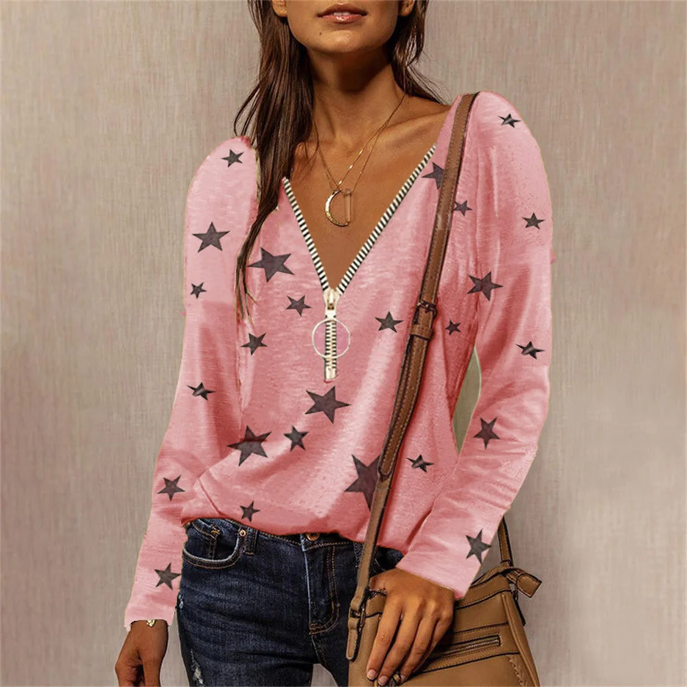 Autumn And Winter New Women's T-Shirt Loose Zipper V-Neck Sexy T-Shirt 2021 Casual Star Print Long-Sleeve Pullover Top
