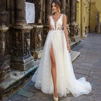 luxury a line wedding dresses glittering tulle 3d three dimensional applique gowns sleeveless sexy high split robe de