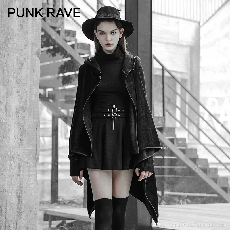 Панк рейв женский Готический неровный подол шерстяной рукав прострочка черный