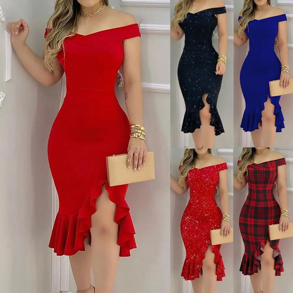

Dresses Women Sexy Off Shoulder Split Ruffle Solid Color Plaid Bodycon Knee-length skin-friendly Dress 2021