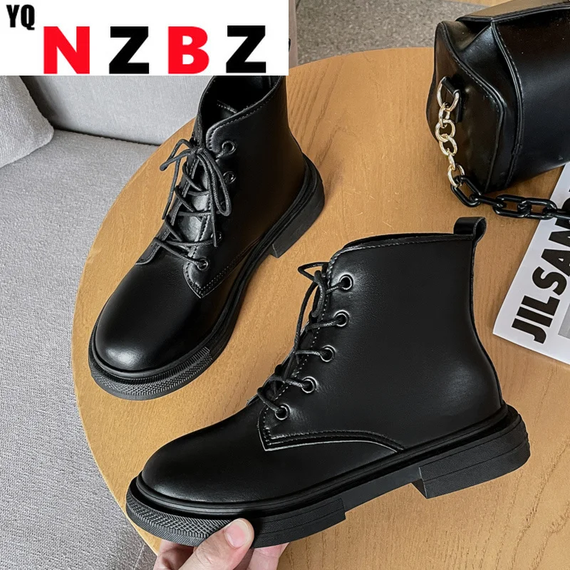 

Round Toe Med Heel Boots Women Shoes Autumn Black Women Booties Ladies Lace Up Low Tube Women Boots 2021 Fashion Rubber Boots