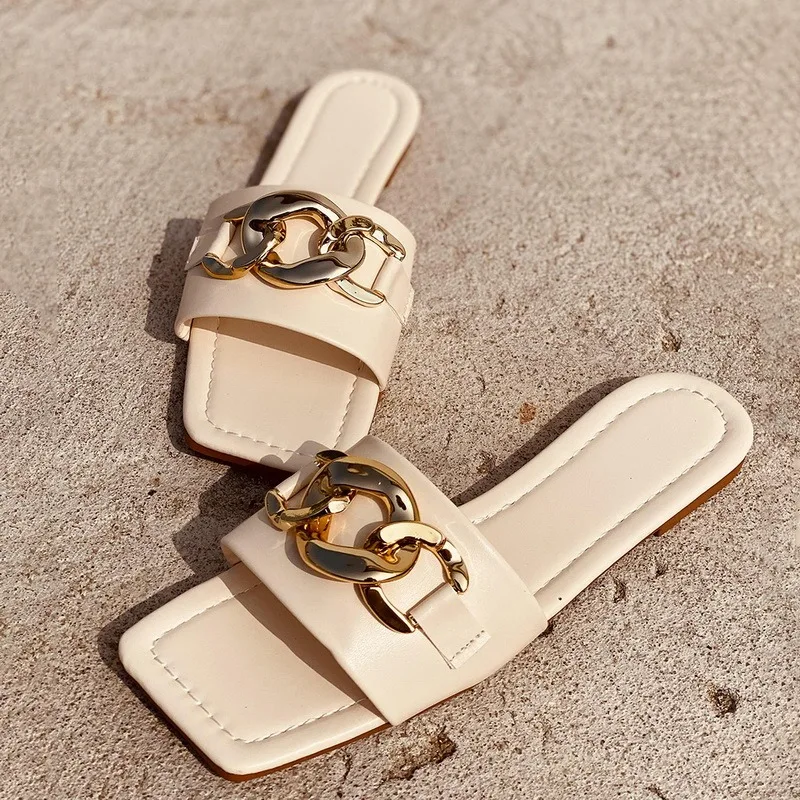 

Women Slippers Flat 2021 Summer Sandals Women Shoes Chain Open Toe Square Toe Outdoor Slippers Casual Fashion Beach Slides Shoes