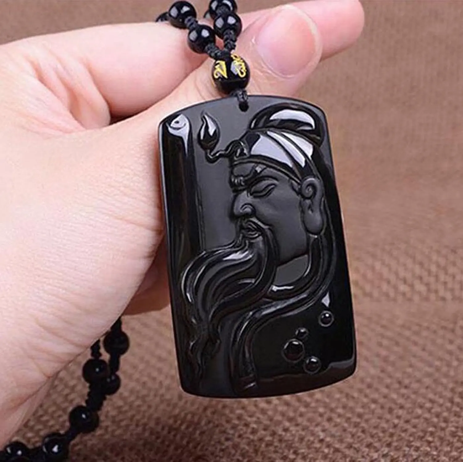 LETSFUN Изящные ювелирные изделия ручной работы резной природный обсидиан Гуань Юй